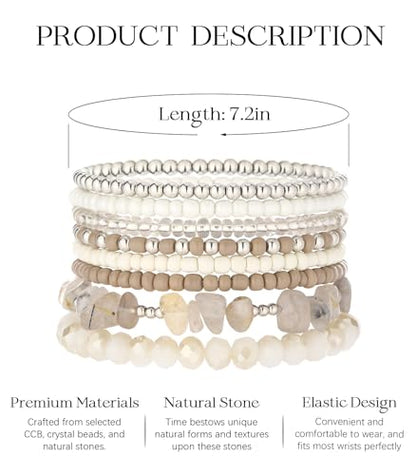 Noessla Boho Beaded Bracelets for Women Stackable Irregular Natural Stone Bead Stretch Bracelet Set 8PCS Costume Jewelry Gifts for Her - color: Beige