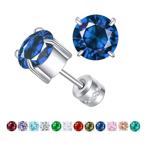 Titanium Flat Back Surgical Stainless Steel Stud Earrings for Women Men,Birthstone Stud Earrings Hypoallergenic Double Side 5A Cubic Zirconia Studs Jewelry 6mm - color: September(Sapphire)