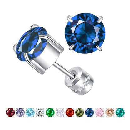 Titanium Flat Back Surgical Stainless Steel Stud Earrings for Women Men,Birthstone Stud Earrings Hypoallergenic Double Side 5A Cubic Zirconia Studs Jewelry 6mm - color: September(Sapphire)
