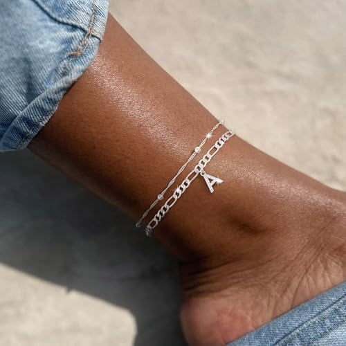 Ankle Bracelets for Women, 14K Gold Plated Dainty Layered Chain CZ Initial Anklets Summer Jewelry Gifts for Women - style: M-Silver