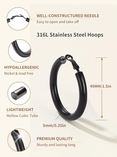 FindChic Hoop Earrings for Women, Silver/Black/14K Gold Plated Hypoallergenic Hollow Round Tube Loop Earrings, 20mm/30mm/40mm/60mm/80mm Chunky Hoops with Custom Name Options & Gift Box - color: a.Black, size: 40MM