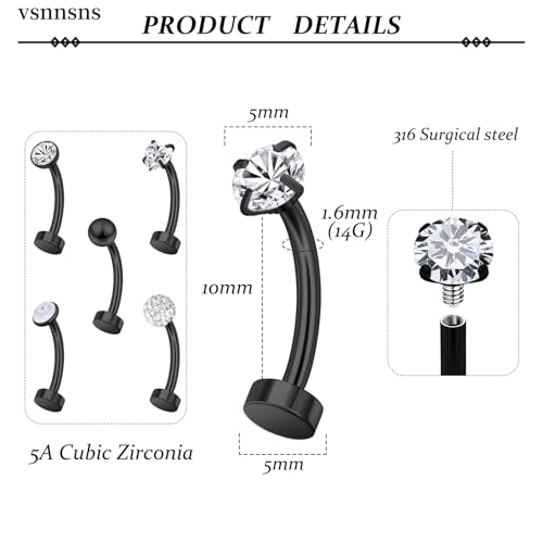 14G Floating Belly Button Ring Piercing Jewelry 316L Stainless Surgical Steel Round Heart Cubic Zirconia Opal Navel Rings Belly Button Ring Piercing Jewelry for Women 14 Gauge Hypoallergenic - color: Black-10MM Bar-Clear CZ
