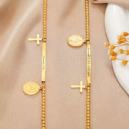 DS Inspirational Bracelet for Women Christian Engraved Bibler Verse Cross Butterfly Daisies Charm Bracelet, Exquisite Stainless Steel Jewelry Daughter Best Friend Bestie - style: For we walk by faith, not by sight.-Gold