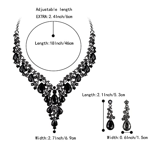 BriLove Women's Wedding Bridal Austrian Crystal Teardrop Flower Cluster Statement Necklace Dangle Earrings Jewelry Set for Party Prom - color: 2Pcs-Black Black-Tone