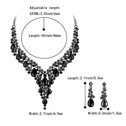 BriLove Women's Wedding Bridal Austrian Crystal Teardrop Flower Cluster Statement Necklace Dangle Earrings Jewelry Set for Party Prom - color: 2Pcs-Black Black-Tone