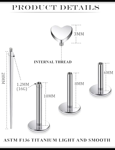 16G Astm F136 Titanium Internal Thread Flat Back Earrings Nose Studs Tragus Forward Helix Conch Cartilage Lobe Earrings Stud Medusa Labret Monroe Lip Ring Piercing Jewelry For Women Men - size: 16G--Style B