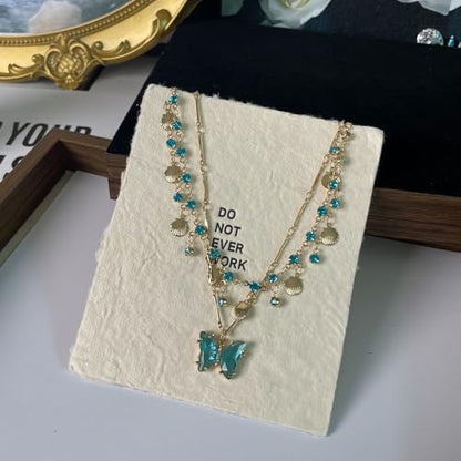 Necklace Bohemian Beach Jewelry Layered Chain Summer Accessories, Crystal Butterfly Necklace Y2K Fashion Jewelry Double Layered Trendy