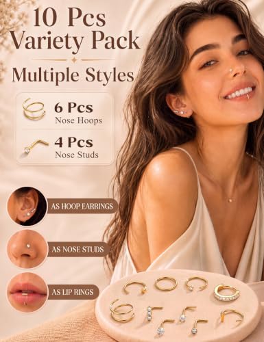 Besteel Nose Rings for Women 14K Gold Filled Hypoallergenic Nose Stud Hoops | 20G 316L Surgical Stainless Steel Double Nose Ring Cute Round CZ Heart L Shaped Nose Stud Dainty Nostril Piercing Jewelry - color: 14k gold plated