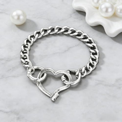 Heart Bracelet for Women, Chunky Silver Chain Clasp Charms Stainless Steel Link Buckle Statement Jewelry Accessories Gifts - color: Silver OO Heart