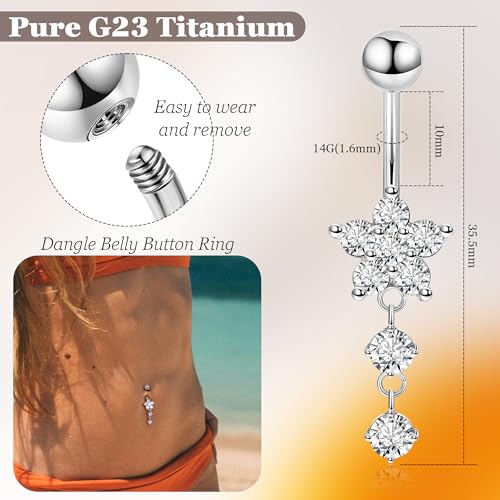 14G G23 Titanium Dangle Belly Button Ring for Women Flower CZ Dangling Belly Rings Cute Dainty Dangly Navel Ring Belly Piercing Jewelry - color: Silver