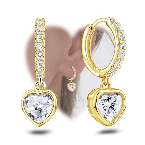 Heart Hoop Earrings with Dangle Sterling Silver Love Heart-Shaped Loop Earrings for Women Hypoallergenic Sparkle Birthstone Cubic Zirconia Hoop Earring with Dangling Charms Dainty Fashion Jewelry Gift - color: Gold-White