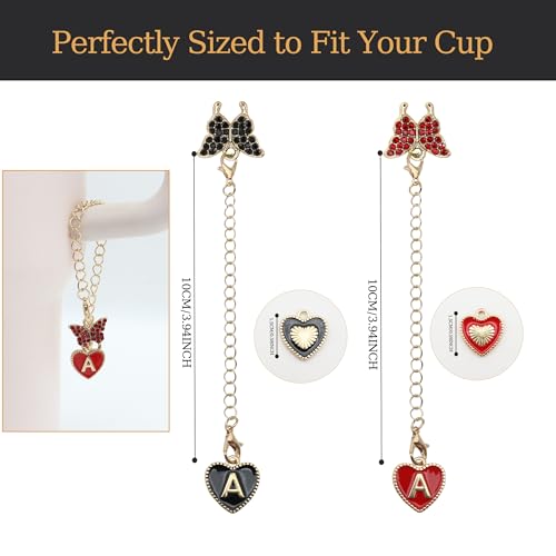 2Pcs Letter Charm Accessories for Stanley Cup,Name ID Initial Letter for Stanley 30&40 oz Tumbler with Handle,Heart Shape & Four Leaf Clover Initial Personalized Identification Charms Chain - color: black and red-F