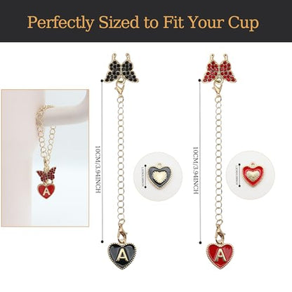 2Pcs Letter Charm Accessories for Stanley Cup,Name ID Initial Letter for Stanley 30&40 oz Tumbler with Handle,Heart Shape & Four Leaf Clover Initial Personalized Identification Charms Chain - color: black and red-F