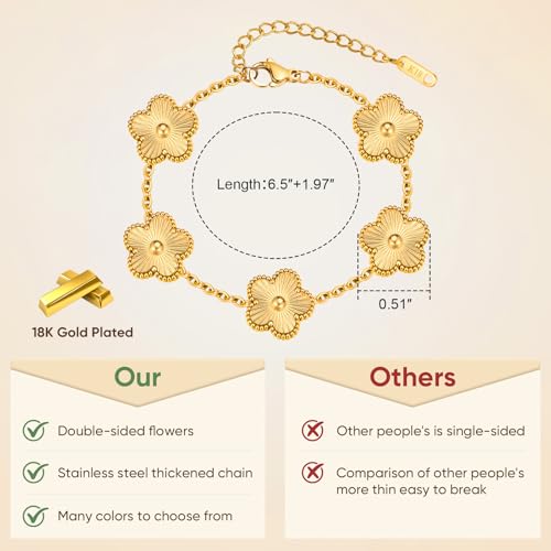Women Gold Bracelets Jewelry Set - 3Pcs 18K Gold Plated Floral Bracelet,Stainless Steel Charm Bracelet Non-Tarnish,Adjustable Lucky Chain Trendy Gift,Christmas Valentines Birthday Gifts for Girlfriend - style: Gold