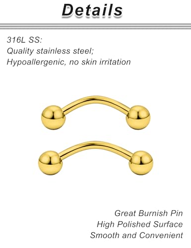 20G 16G 14G 12G Eyebrow Rook Daith Piercing Jewelry 316L Surgical Steel Vertical Lip Labret Belly Button Ring Snake Eyes Tongue Ring Curved Barbell 6mm(1/4") 8mm(5/16") 10mm (3/8") 12mm(1/2") - color: Gold, size: 14G(1.6mm)-8/10/12/14mm Bars
