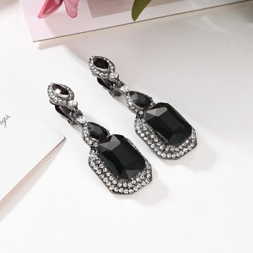 Women's Wedding Bridal Crystal Emerald Cut Infinity Figure 8 Chandelier Clip-On Dangle Earrings - color: Black Black-Tone