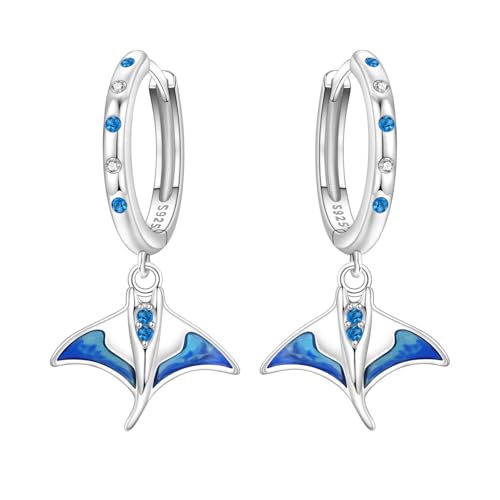 925 Sterling Silver Hoop Earrings Drop Dangle Earrings for Women Hypoallergenic Earring Trendy Huggie Earring Cute Graduation Birthday Gifts Jewelry for Women - color: Blue Manta Ray earrings