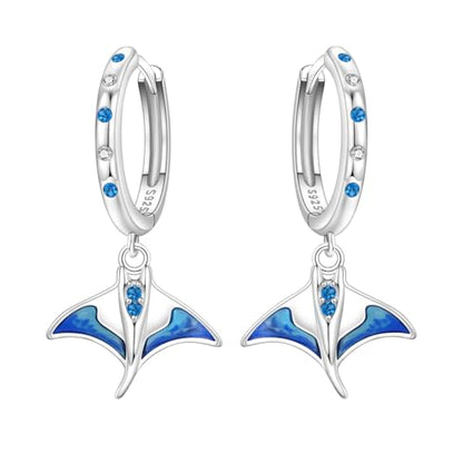 925 Sterling Silver Hoop Earrings Drop Dangle Earrings for Women Hypoallergenic Earring Trendy Huggie Earring Cute Graduation Birthday Gifts Jewelry for Women - color: Blue Manta Ray earrings