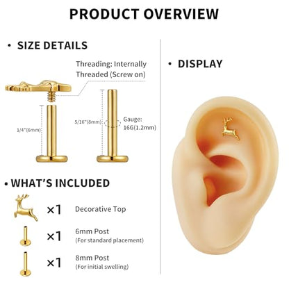 FINE4U Cartilage Christmas Piercing Jewelry 16G 6mm 8mm - ASTM F136 Titanium, Flat Back Labret Stud for Helix Flat Lobe, Elk Minimalist Earring, Squirrel Earrings - color: Deer - Gold