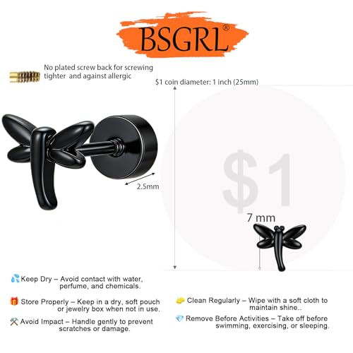 Flat Back Earrings for Women Cartilage Helix | Comfortable Dainty Cute Dragon Bee Bird Phoenix Dragonfly Cute Animal Leaf Spiral Rhombus Design Flatback Stud Earrings - color: Black Dragonfly