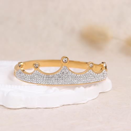 14k Gold Plated Cubic Zirconia Bangle Classic Bracelets for Woman, Sparkly Rhinestones Crown Bangle Stainless Steel Stackable Cuff Bracelet Trendy Statement Jewelry Gifts - color: GoldCrown