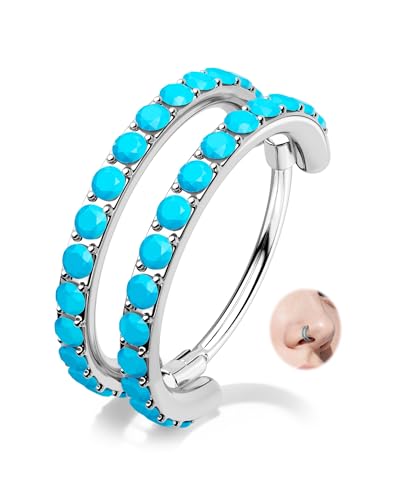 Nose Ring Hoop, 316L Stainless Steel Double Nose Rings, 20G Nose Piercing Jewelry for Women, Clear CZ Helix Cartilage Septum Nose Hoops - color: Turquoise-Silver-7mm