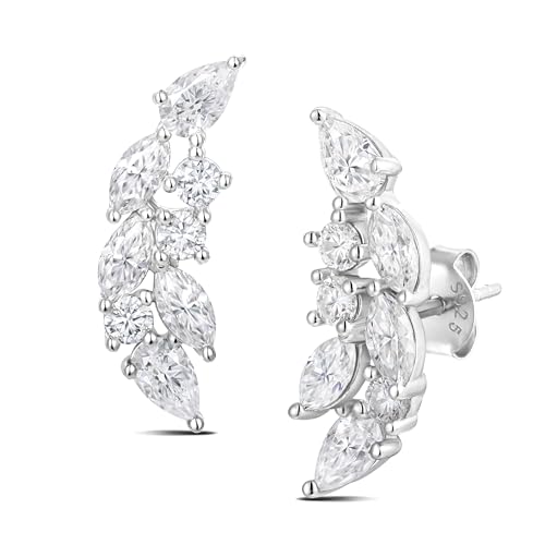 Moissanite 20mm Butterlfy/Flower/Leaf/Bezel Crawler Stud Earrings for Women, 925 Sterling Silver with Gold Plated, Hypoallergenic Cartilage Earrings, Valentines Birthday Anniversary Wedding Gift - color: Leaf - 2.96 Carat - White Gold