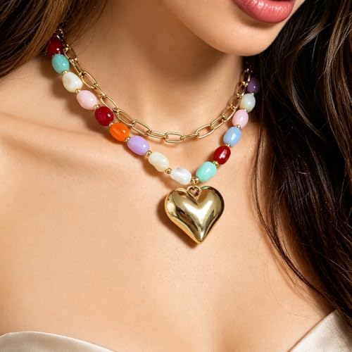 Colorful Beaded Necklace For Women, Boho Double Layered Chunky Gold Cuban Chain Rainbow Beads Heart Pendant Y2K Statement Choker Summer Beach Jewelry Gift - color: Puffy-Heart