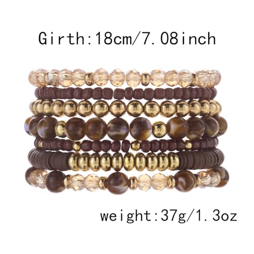 FORUBUS 7Pcs Bohemian Multilayer Stackable Beaded Bracelets Set for Women, Crystal Glass Gold CCB Beads Stretch Bracelet Pack, Summer Beach Boho Jewelry Vacation Gifts - color: Brown