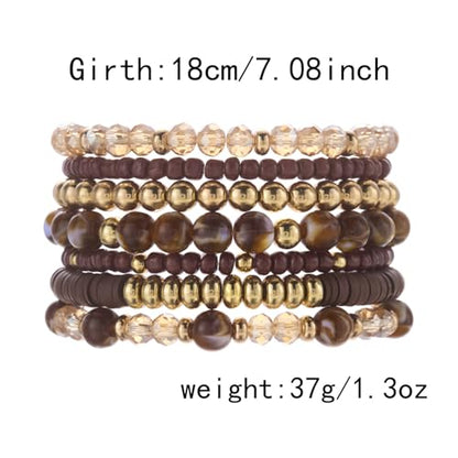 FORUBUS 7Pcs Bohemian Multilayer Stackable Beaded Bracelets Set for Women, Crystal Glass Gold CCB Beads Stretch Bracelet Pack, Summer Beach Boho Jewelry Vacation Gifts - color: Brown