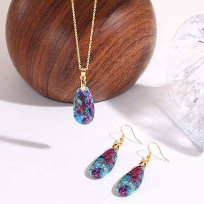Natural Healing Stone Necklaces for Women Boho Crystal Drop Earrings Set Unique Emperor Stone Pendant Necklace for Birthday Party Jewelry Gift - color: Rainbow Blue - Gold Hook