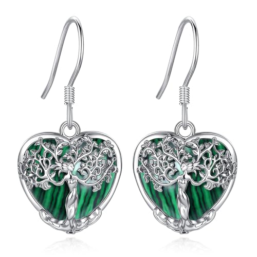 AEONSLOVE Tree of Life Crystal Earrings with Sterling Silver Ear Hooks, Dangle Drop Tree Earrings Gifts for Women - style: A01-Malachite-Heart