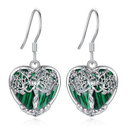 AEONSLOVE Tree of Life Crystal Earrings with Sterling Silver Ear Hooks, Dangle Drop Tree Earrings Gifts for Women - style: A01-Malachite-Heart