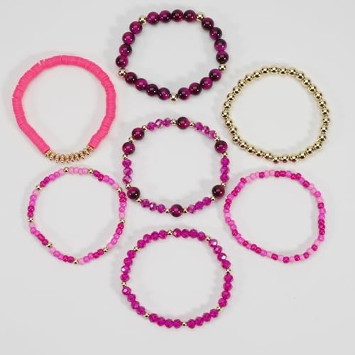 7Pcs Bohemia Multilayer Stackable Crystal Beaded Bracelet Set Multicolor Surfer Heishi Clay Gold Beaded Friendship Stretch Bracelets for Women Men Summer Beach Boho Vacation Jewelry Gifts - color: Hot pink