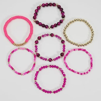 7Pcs Bohemia Multilayer Stackable Crystal Beaded Bracelet Set Multicolor Surfer Heishi Clay Gold Beaded Friendship Stretch Bracelets for Women Men Summer Beach Boho Vacation Jewelry Gifts - color: Hot pink