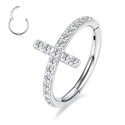 16G Cartilage Earring Hoop 316L Surgical Steel Daith Helix Conch Earrings Tragus Rook Earrings CZ Opal Septum Jewelry Seamless Clicker Nose Rings Hinged Segment Ring Hoop Earring for Women Men - color: 1PC,Silver,Cross CZ