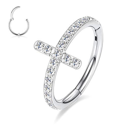 16G Cartilage Earring Hoop 316L Surgical Steel Daith Helix Conch Earrings Tragus Rook Earrings CZ Opal Septum Jewelry Seamless Clicker Nose Rings Hinged Segment Ring Hoop Earring for Women Men - color: 1PC,Silver,Cross CZ