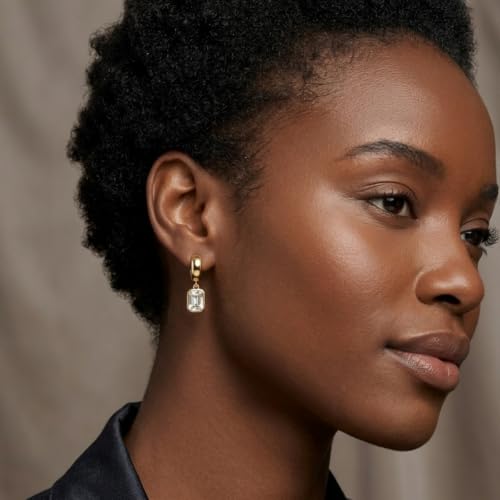 Dangle Flower Gold Earrings for Women, Trendy Statement Hoop Earrings, Gold Floral Drop Earrings Jewelry for Gifts - color: Rectangle 14K gold CZ