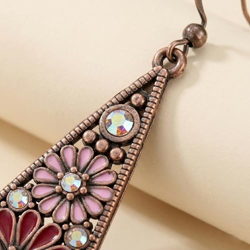 Bohemian Crystal Teardrop Dangle Earrings, Copper, Tribal Geometric Design, Handmade National Style for Women - color: Purple & Red