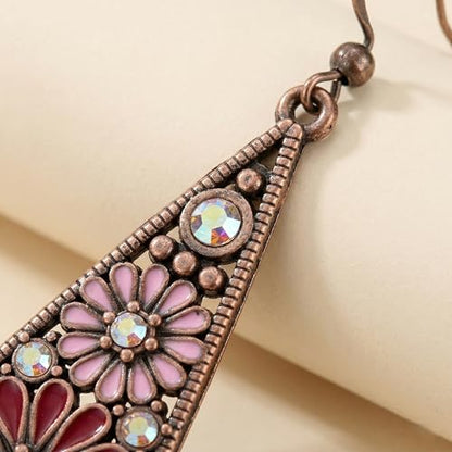 Bohemian Crystal Teardrop Dangle Earrings, Copper, Tribal Geometric Design, Handmade National Style for Women - color: Purple & Red