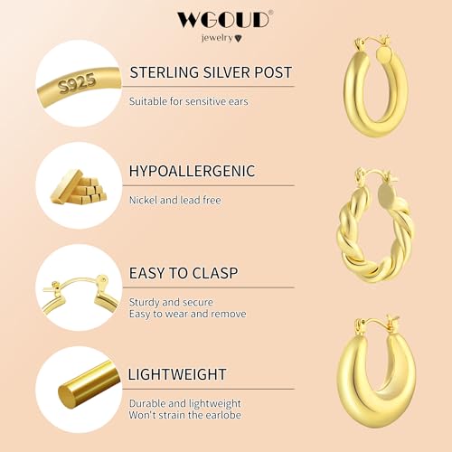3Pairs 14K Gold Plated Chunky Hoop Earrings Set for Women, Trendy Hoop Earring 925 Sterling Silver Post - Hypoallergenic Thick Lightweight Twisted Hoops Dainty Gold Earrings for Women Jewelry Gifts - color: Gold