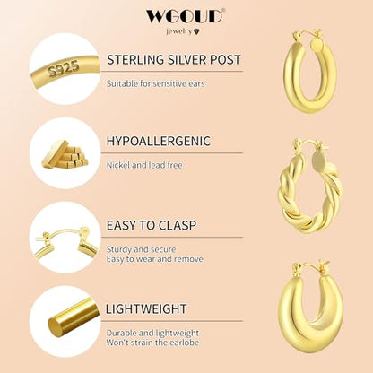 3Pairs 14K Gold Plated Chunky Hoop Earrings Set for Women, Trendy Hoop Earring 925 Sterling Silver Post - Hypoallergenic Thick Lightweight Twisted Hoops Dainty Gold Earrings for Women Jewelry Gifts - color: Gold
