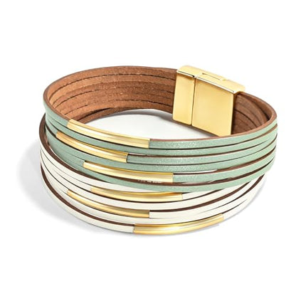 Wrapped Bracelets for Women,Leather Boho Bracelets for Women - color: Leather-LightGreen