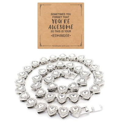 fasone Rhinestone Hearts Necklace, Iced Out Hearts Jewelry，Silver Tennis Necklace For Women，Tennis Necklaces For Women, Heart Tennis Necklace - color: White_17.7inch