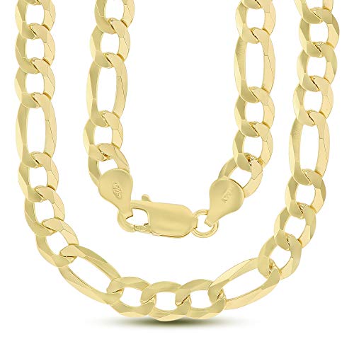 14K Gold or Rhodium Plated Silver Figaro Diamond Cut Pave Chain For Men | 1mm-13mm Thick | Solid 925 Figaro Italian Necklaces For Men - style: 6.70MM- Yellow