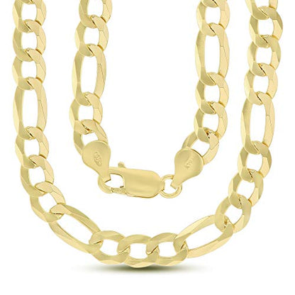 14K Gold or Rhodium Plated Silver Figaro Diamond Cut Pave Chain For Men | 1mm-13mm Thick | Solid 925 Figaro Italian Necklaces For Men - style: 6.70MM- Yellow