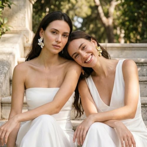 Chunky Gold Plated Flower Statement Drop Earrings for Women | Hypoallergenic 18K Gold Plated Textured Petal Wing, Large Statement Dangle Earrings for Wedding Party - color: Gold+Silver(2 pairs)