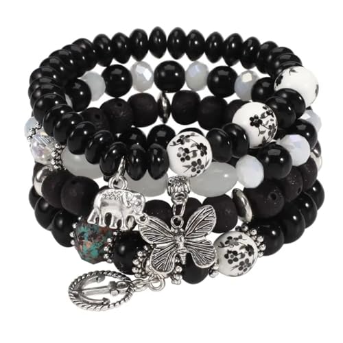 Bohemian Glass Beaded Wrap Bracelets Multi-Layer Stackable Hand Jewelry Set - color: black