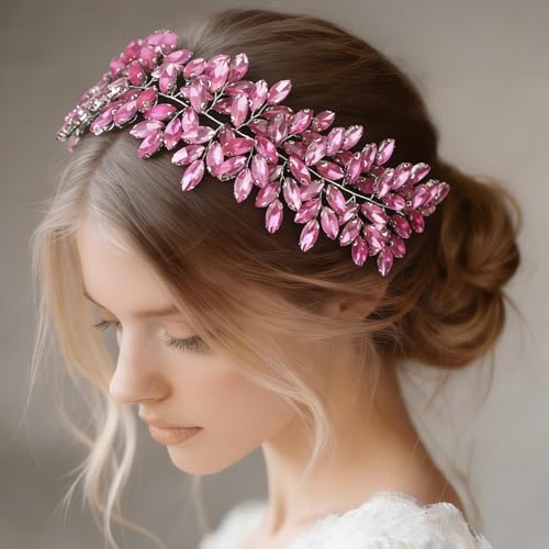 Missgrace Women Silver Green Black Red Blue Handmade Full Crystal Rhinestone Large Headband Hair Vine Shinny Headpiece Bridal Wedding Hair Accessories for Women (Rose Red) - color: Rose Red