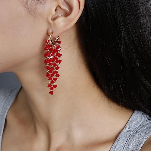 Fringe Hoop Dangle Earrings, Long Beads Tassel Chain Earrings for Women Sparkly Chandelier Earrings - color: Red